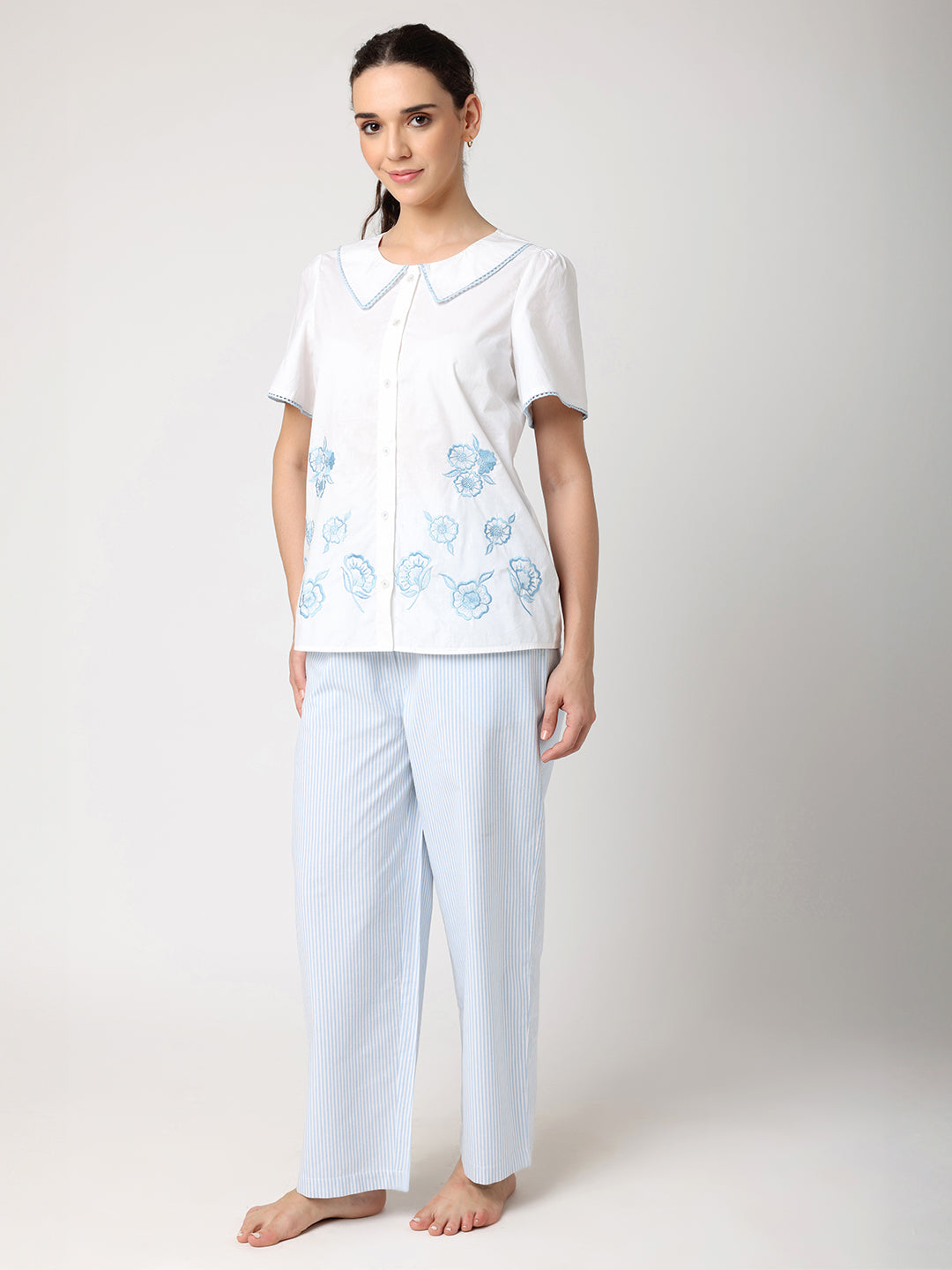 Sky Blue Floral Embroidered Nightwear