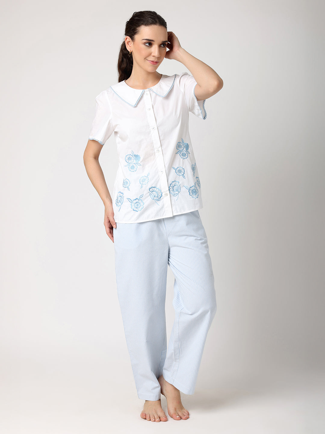 Sky Blue Floral Embroidered Nightwear