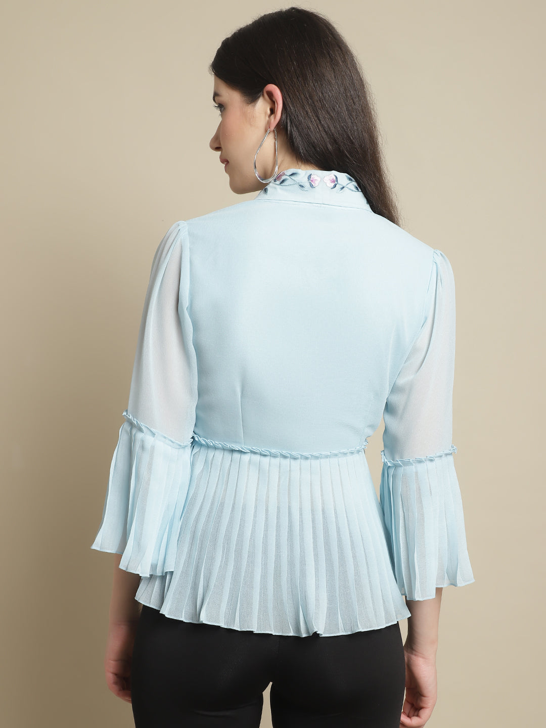 Blanc9 Sky Blue Georgette Top With Ruffle Sleeve-B9TP169