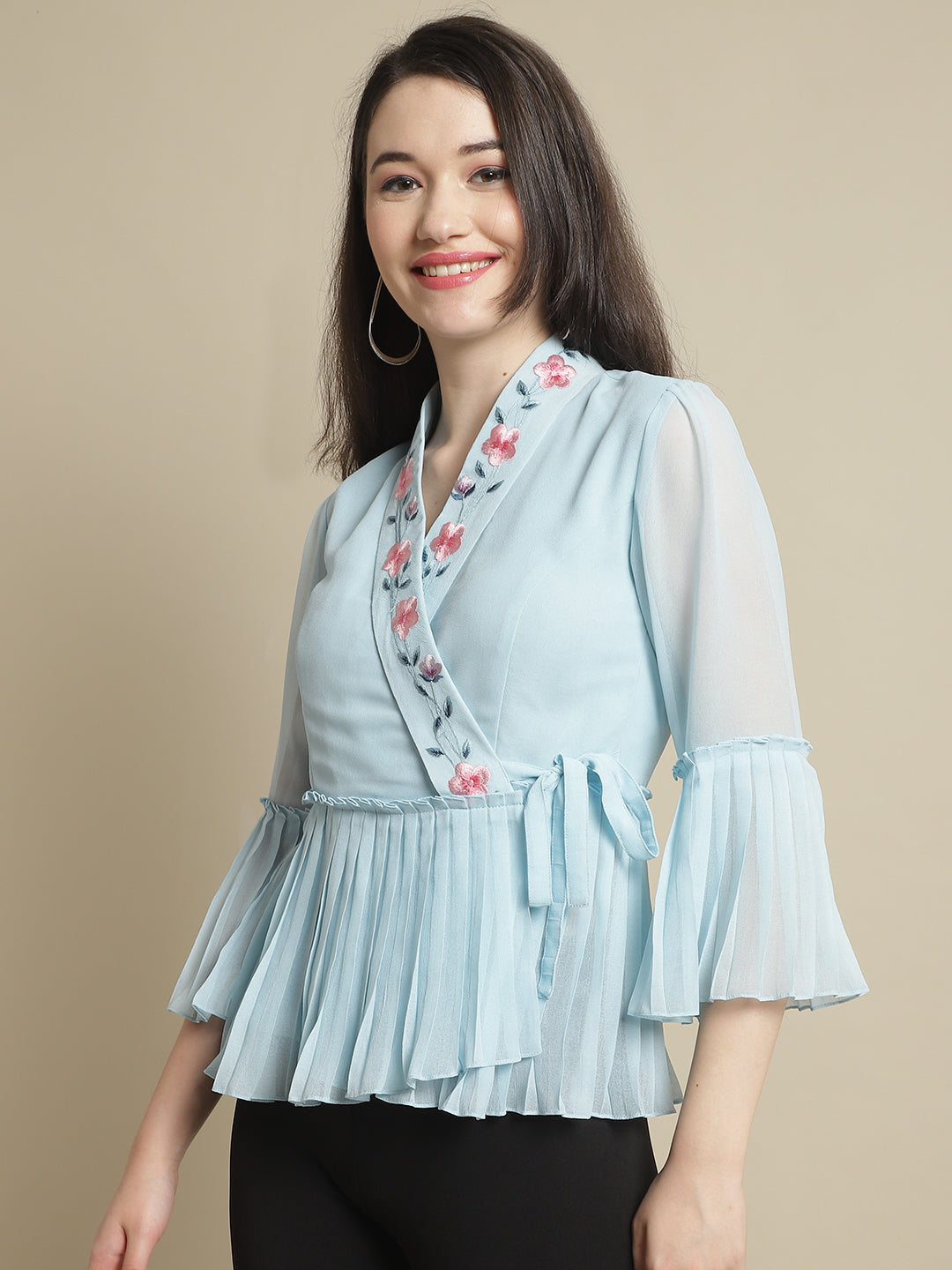 Blanc9 Sky Blue Georgette Top With Ruffle Sleeve-B9TP169