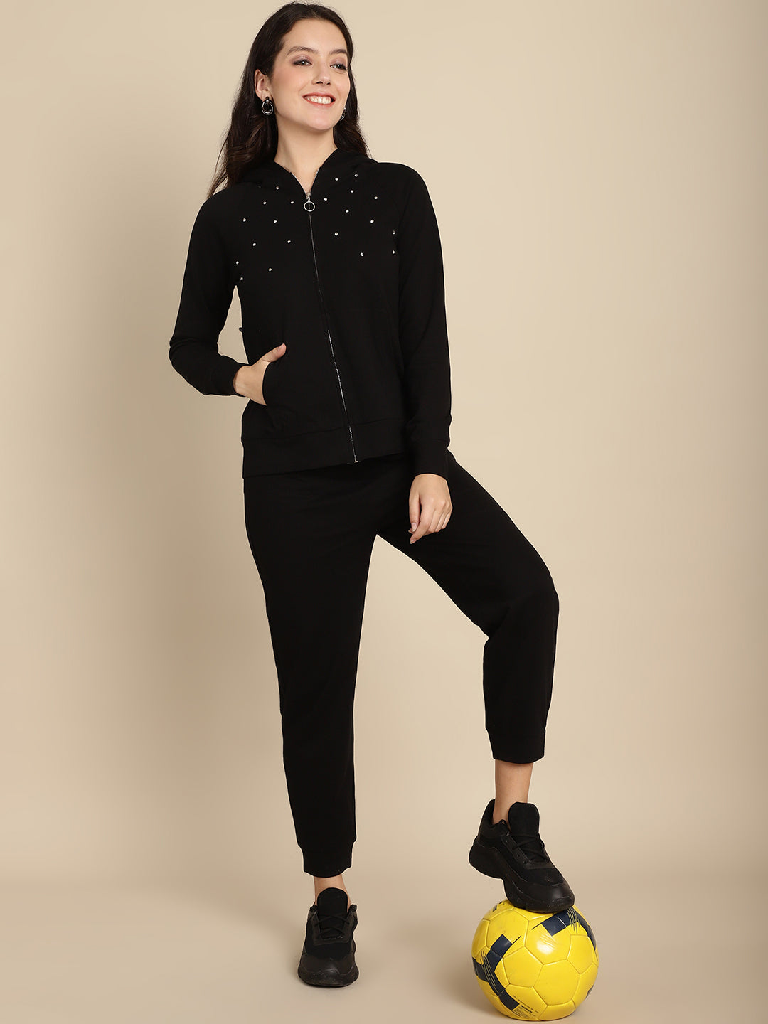 Stone Work Hoodie Sweatshirt With Jogger Set