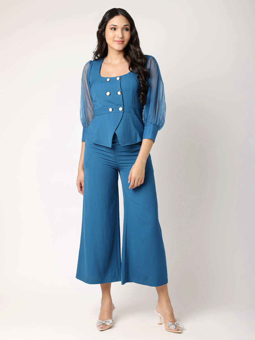 Blanc9 Teal Blue Double Breasted Organza Sleeves Top & Trouser Co-Ord Set