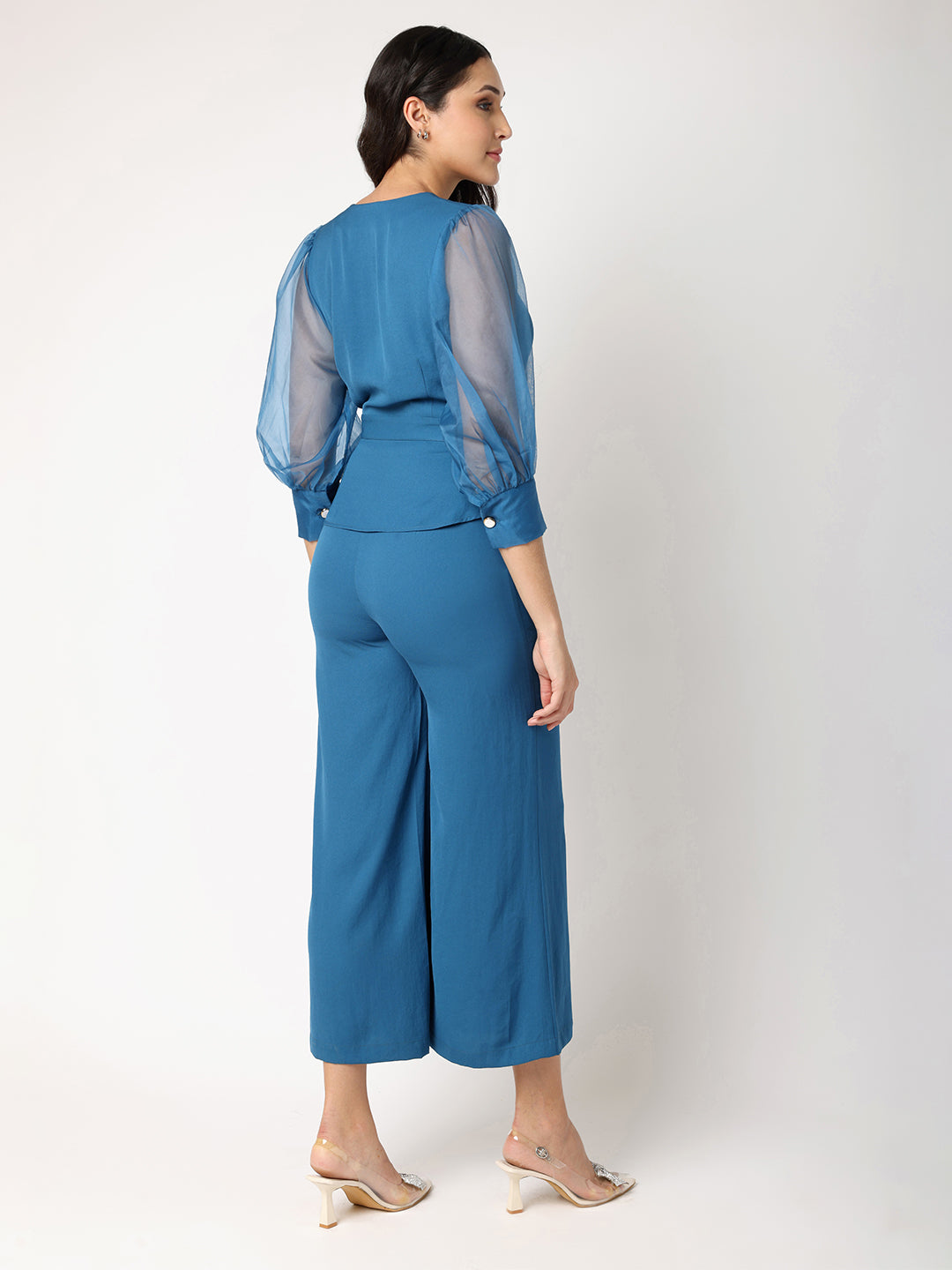 Blanc9 Teal Blue Double Breasted Organza Sleeves Top & Trouser Co-Ord Set