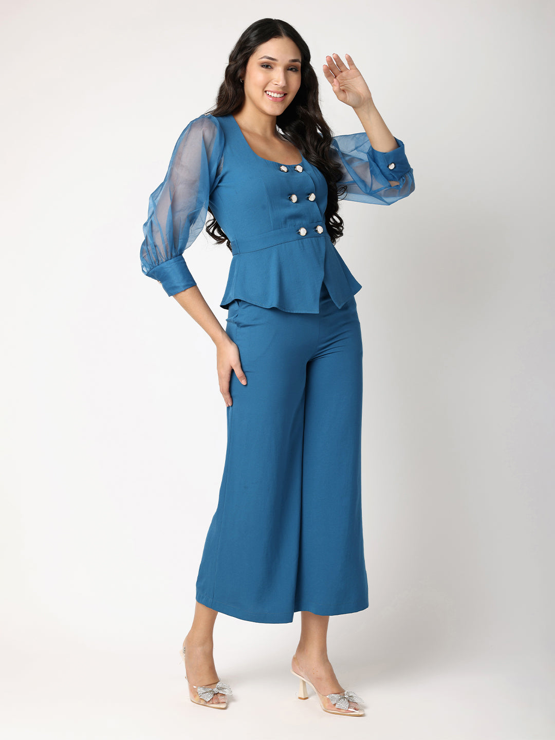 Blanc9 Teal Blue Double Breasted Organza Sleeves Top & Trouser Co-Ord Set