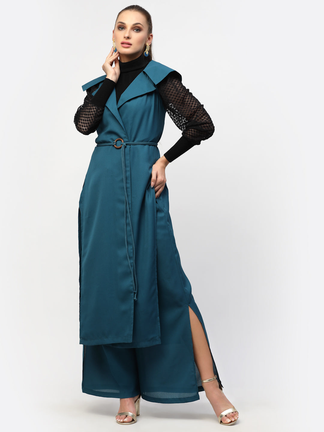 Blanc9 Teal Blue Drape Jacket With Trousers-B9ST78