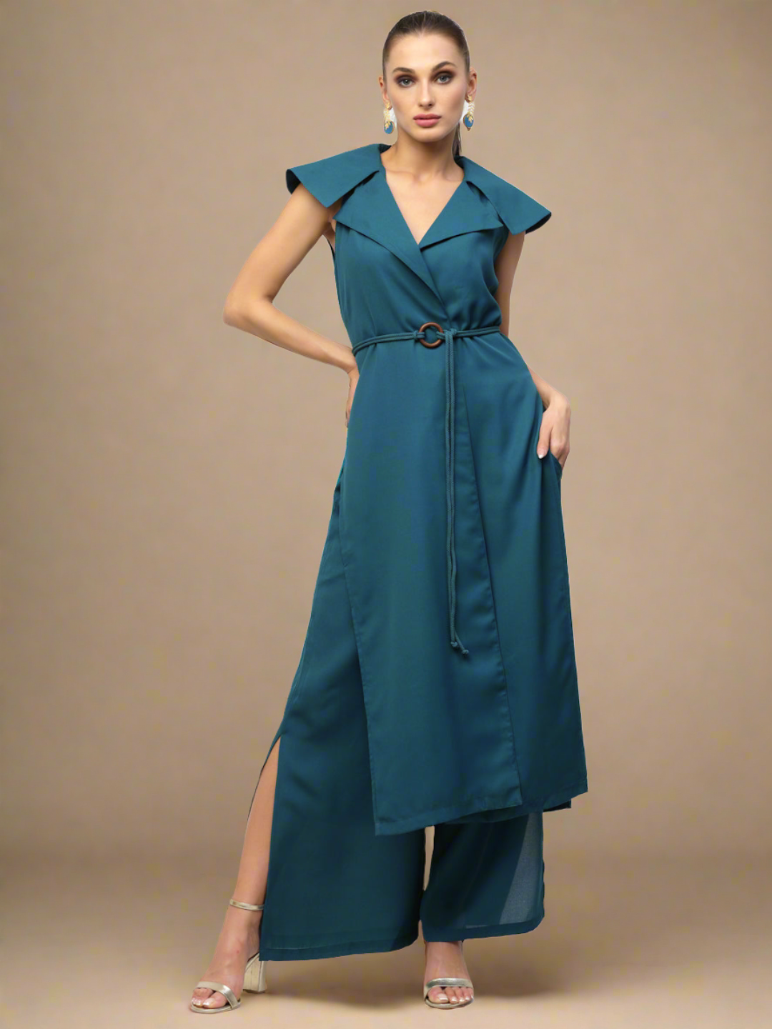 Teal Blue Drape Jacket With Trousers