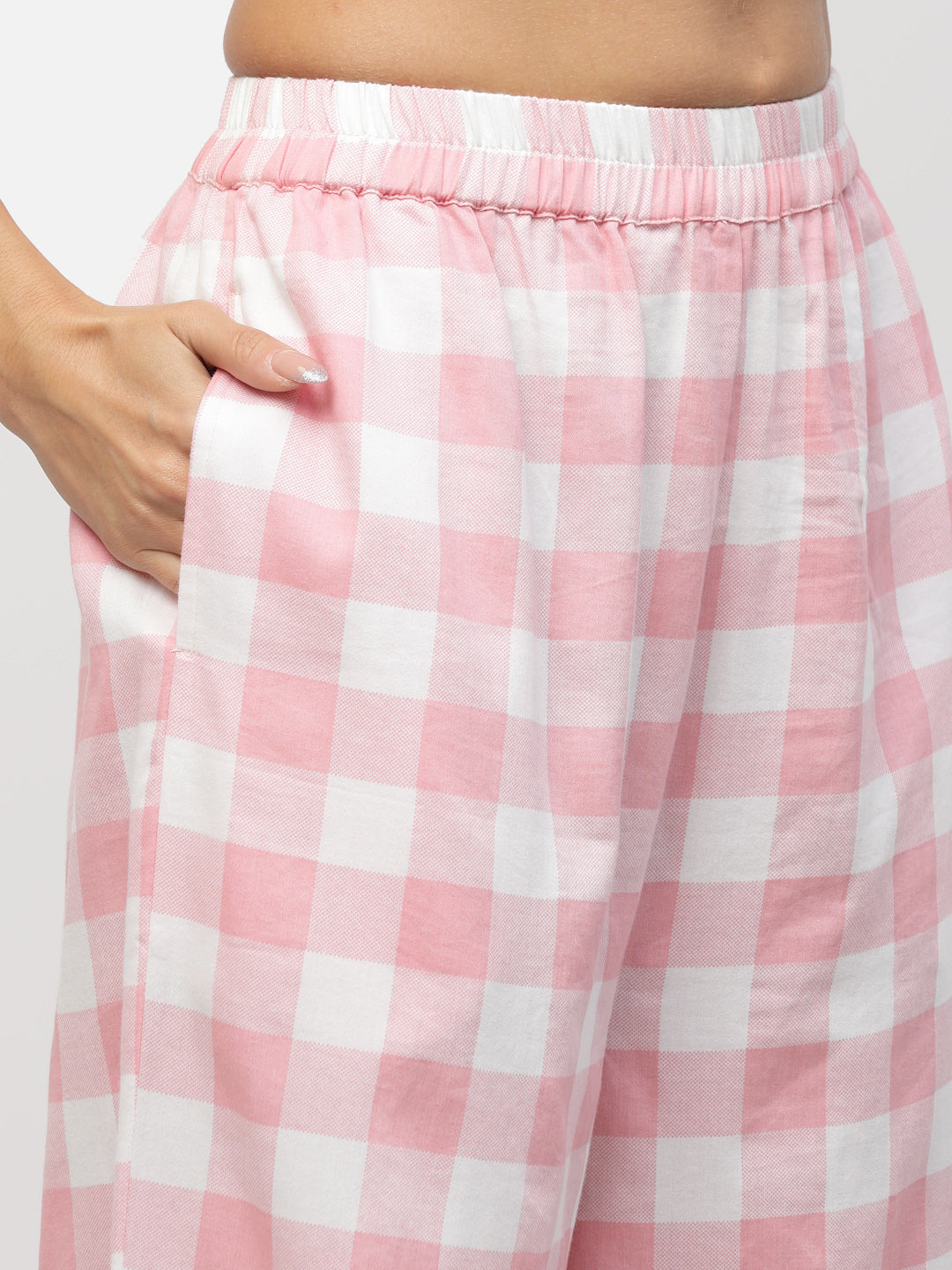 Blanc9 White Solid With Pink Check Cotton Pyjama Set-B9NW78