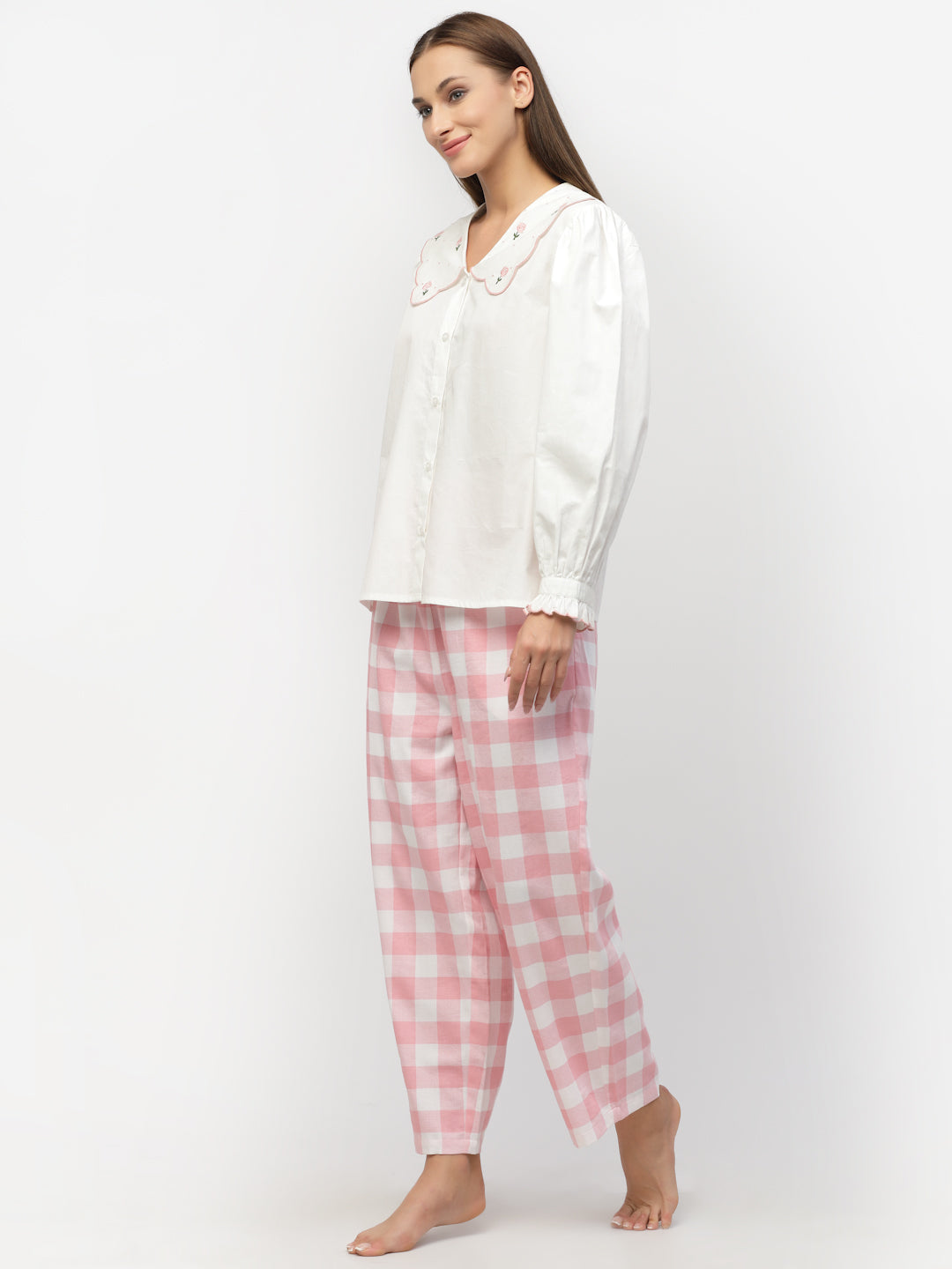 Blanc9 White Solid With Pink Check Cotton Pyjama Set-B9NW78