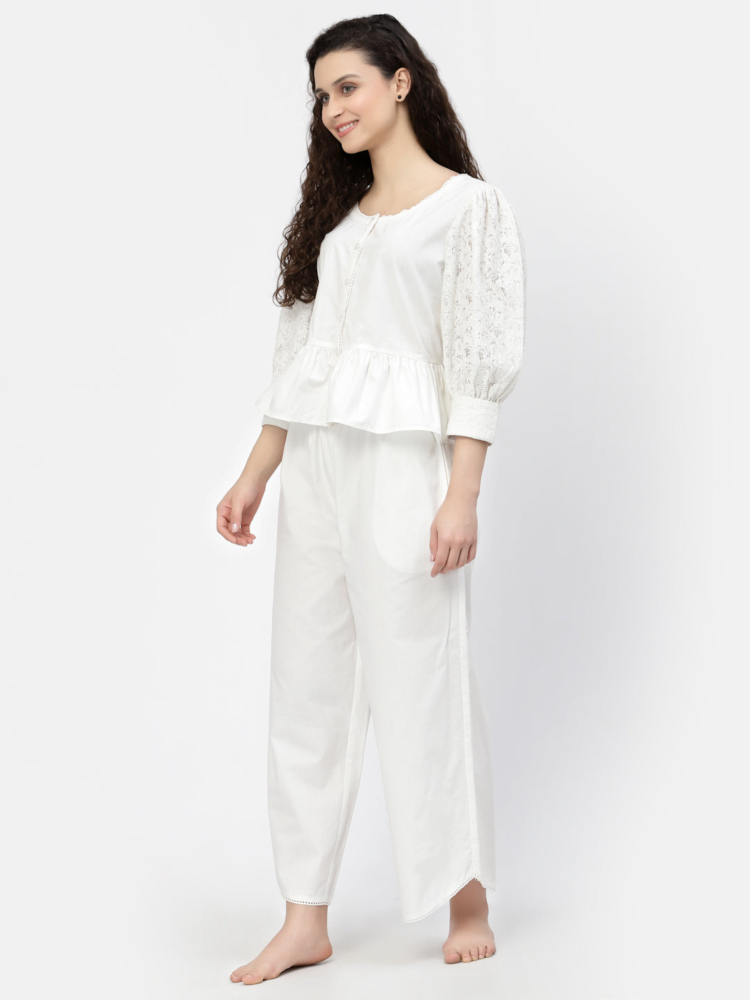 Blanc9 White Top With Flared Cotton Pyjama Set-B9NW71