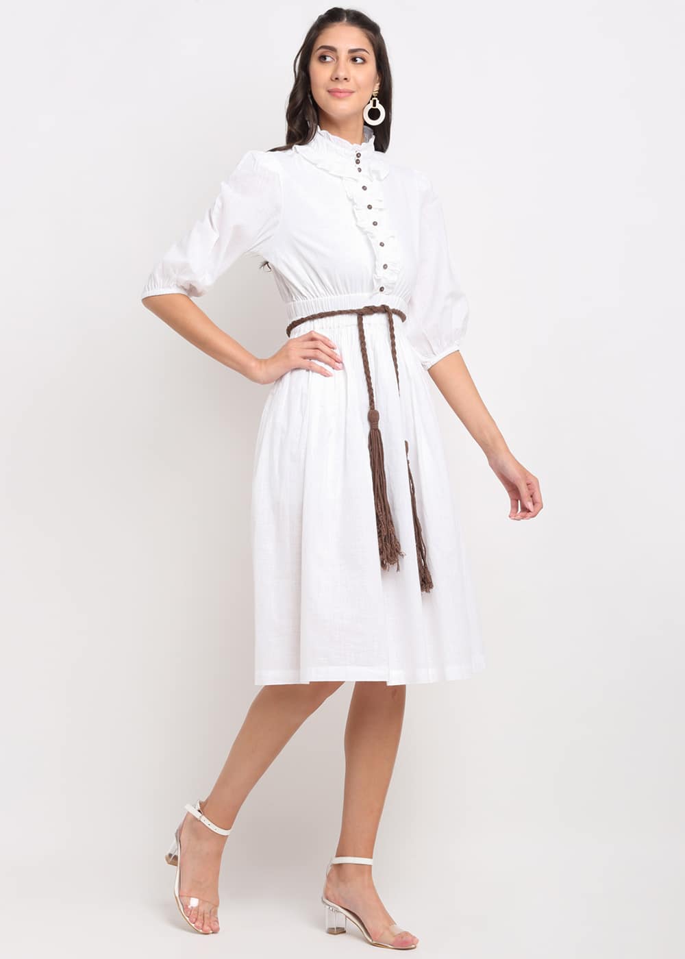 Blanc9 White Dress With Brown Belt
