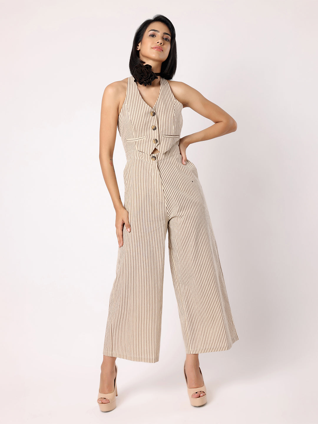 Blanc9 Women Beige And Black Striper Waistcoat Jumpsuit
