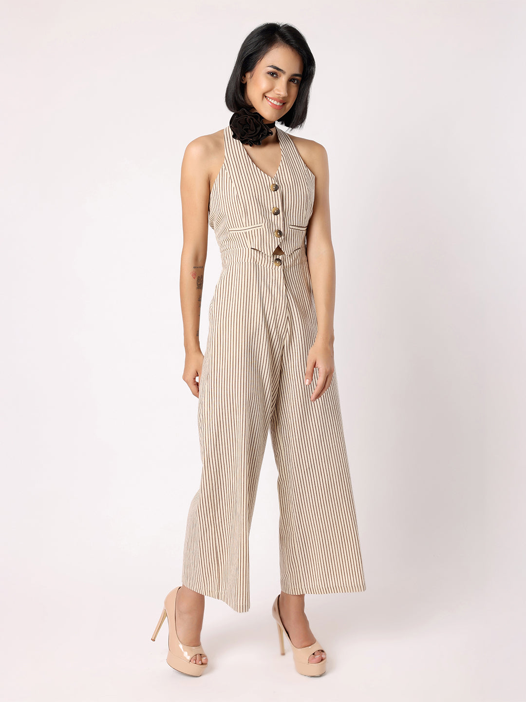 Blanc9 Women Beige And Black Striper Waistcoat Jumpsuit
