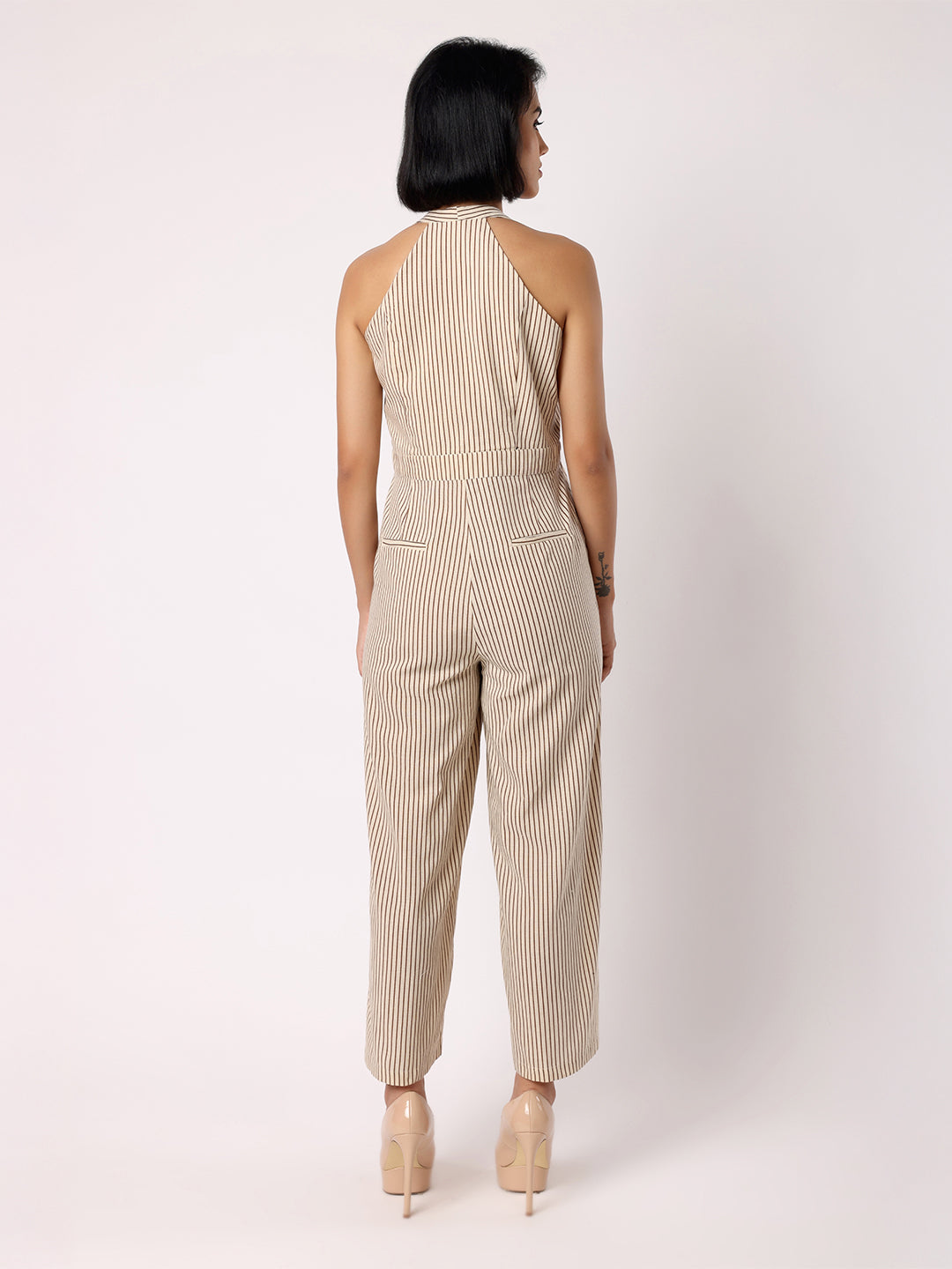 Blanc9 Women Beige And Black Striper Waistcoat Jumpsuit
