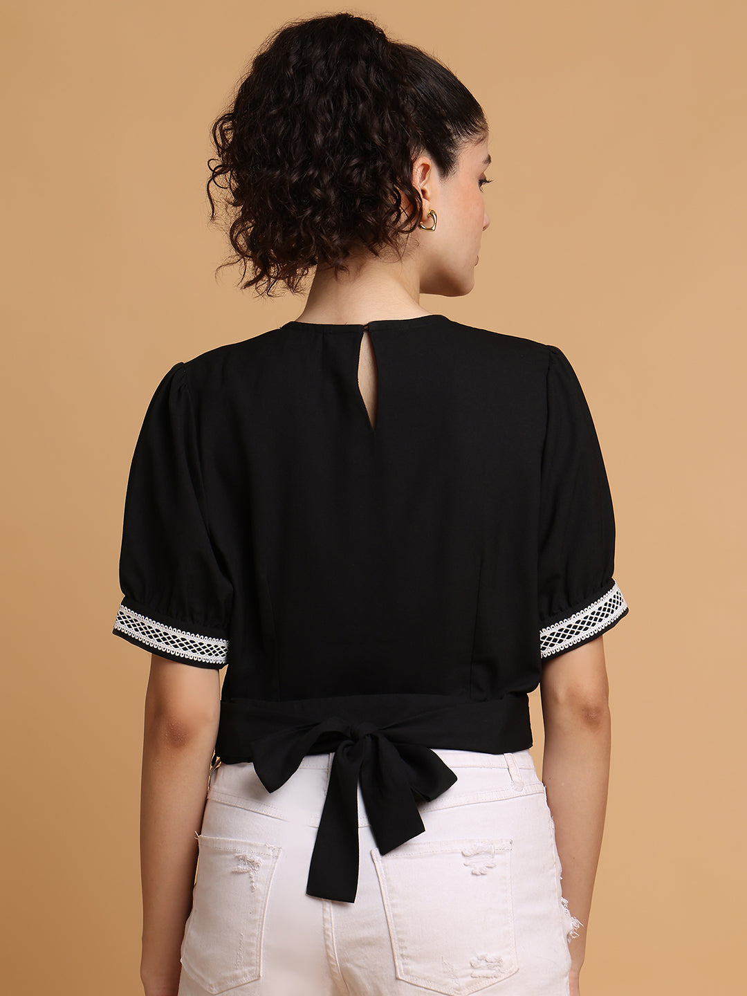 Blanc9 Women Black Contrast Crop Top With White Lace
