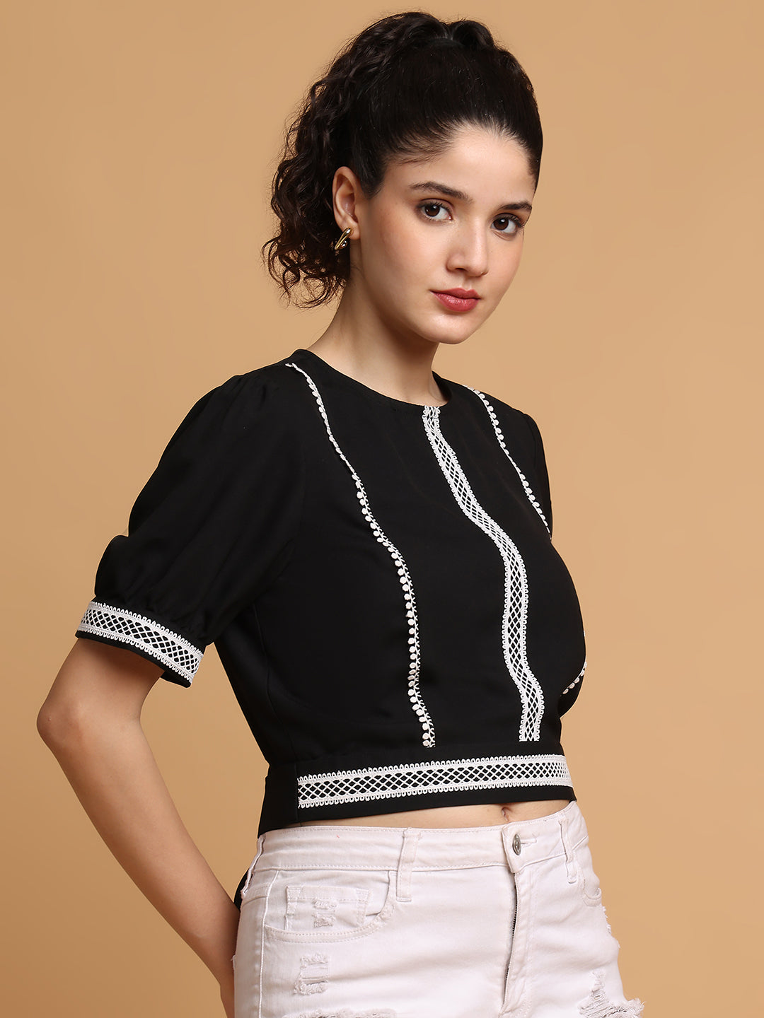 Blanc9 Women Black Contrast Crop Top With White Lace
