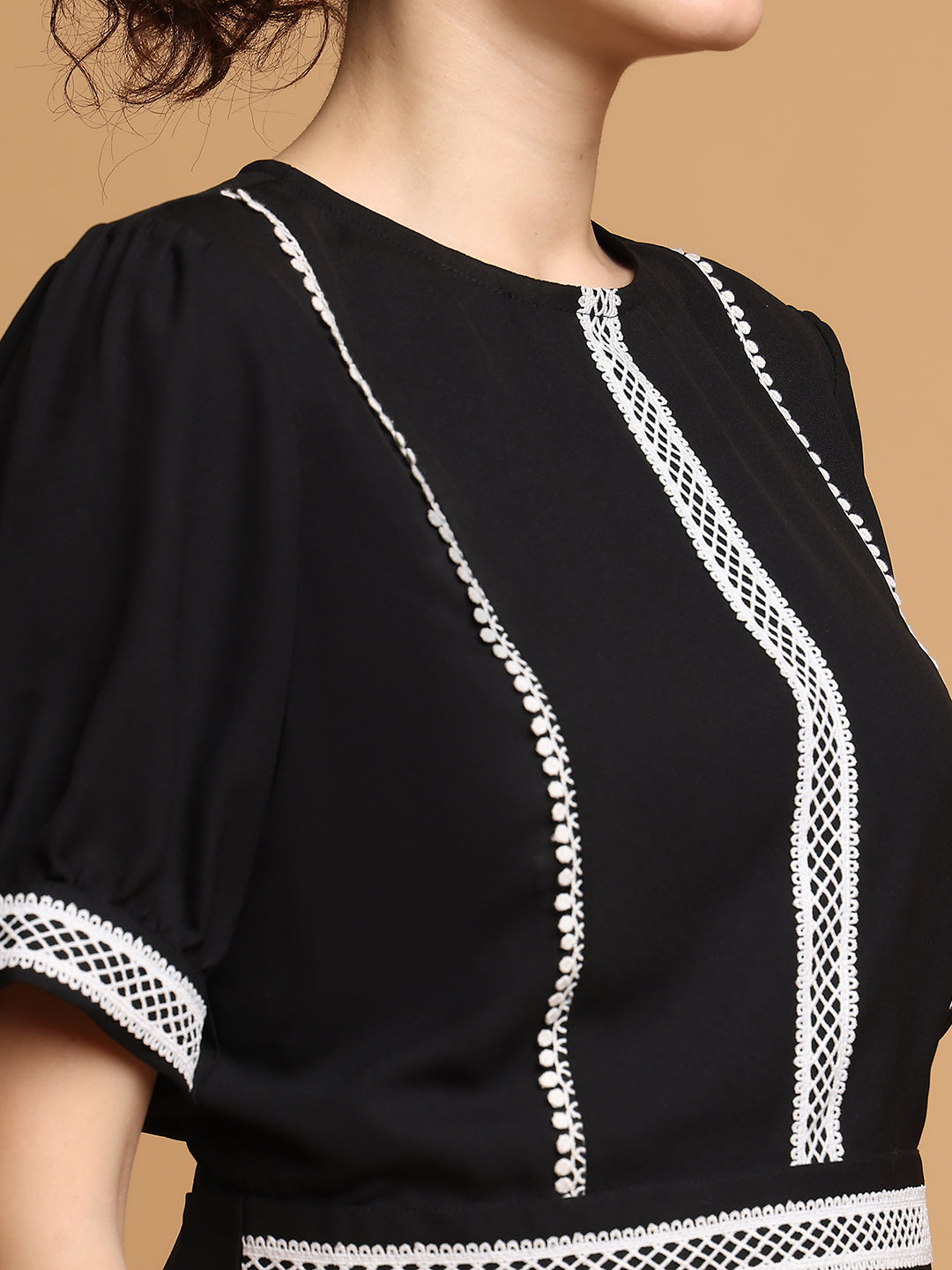 Blanc9 Women Black Contrast Crop Top With White Lace

