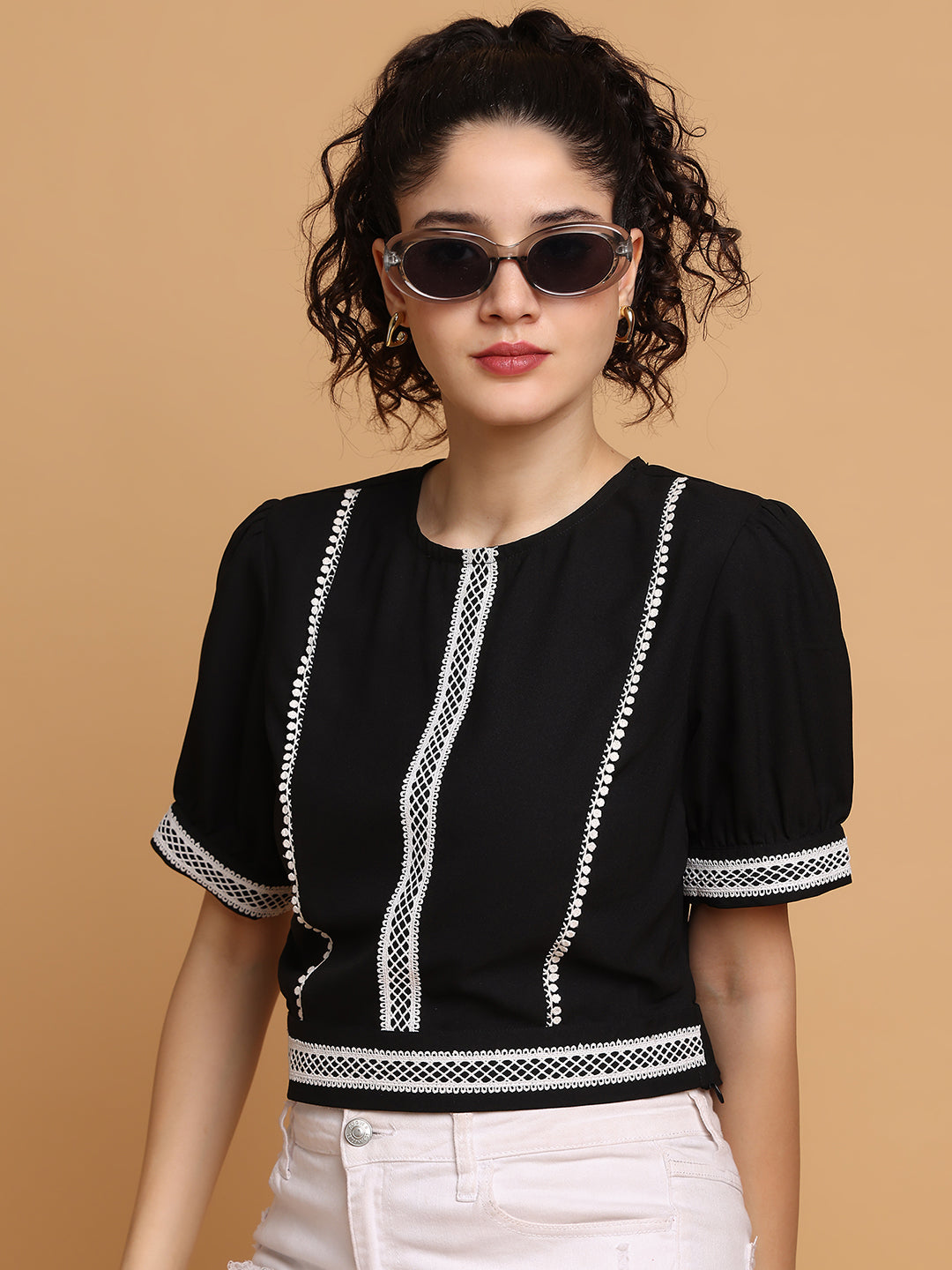 Blanc9 Women Black Contrast Crop Top With White Lace
