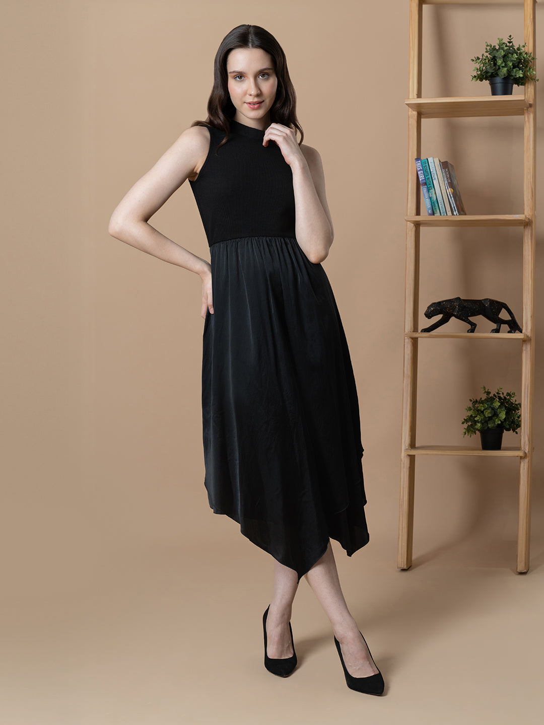 Blanc9  Women Black Dual Fabric Tulip Dress
