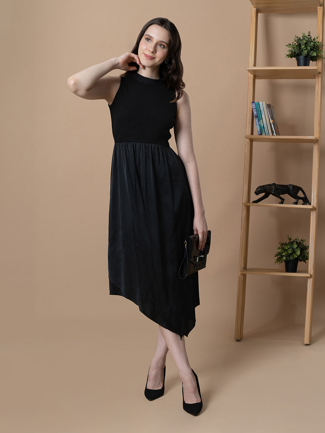 Blanc9  Women Black Dual Fabric Tulip Dress
