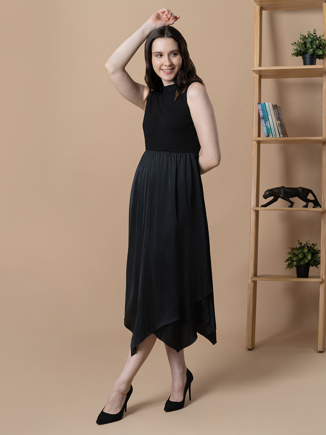 Blanc9  Women Black Dual Fabric Tulip Dress
