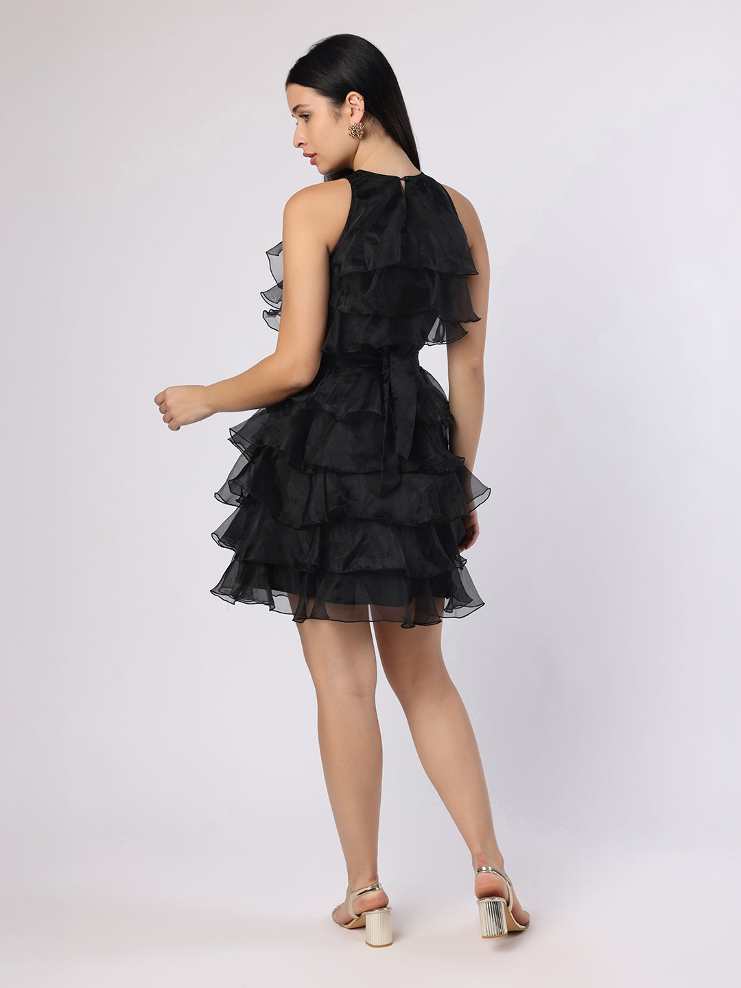 Blanc9 Women Black Frill Dress With Mirror Belt
