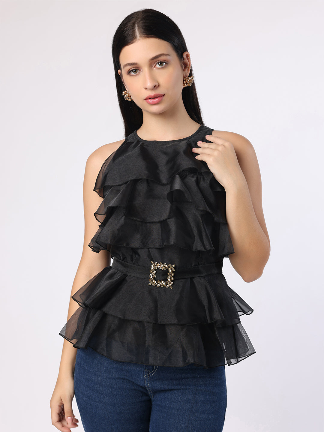 Blanc9 Women Black Frill Top With Mirror Belt
