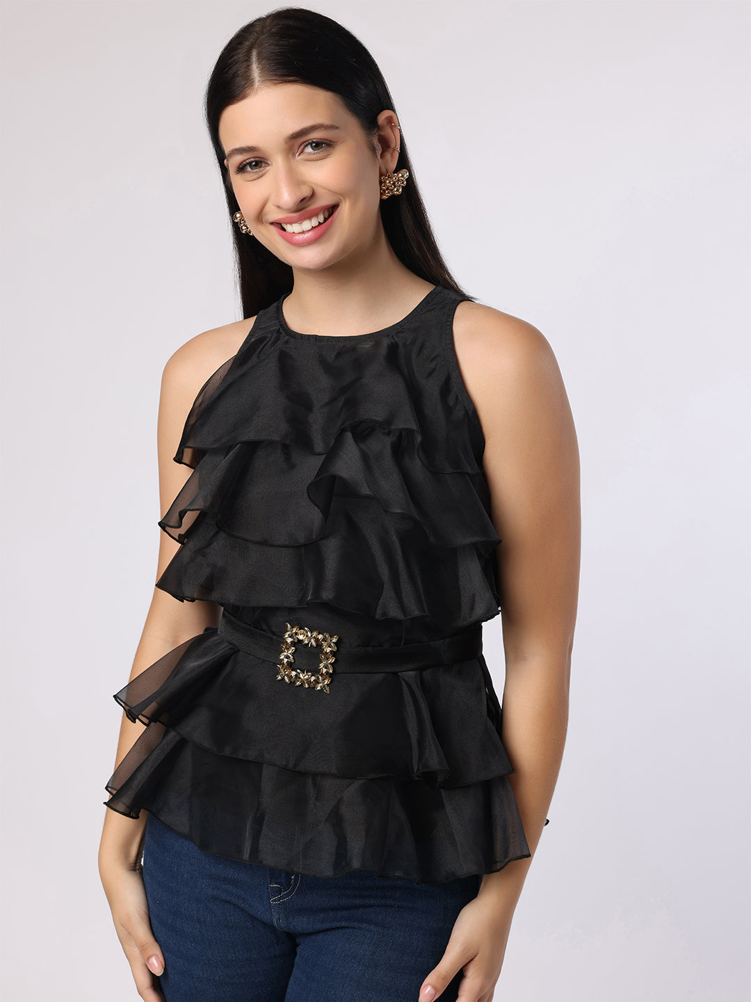 Blanc9 Women Black Frill Top With Mirror Belt
