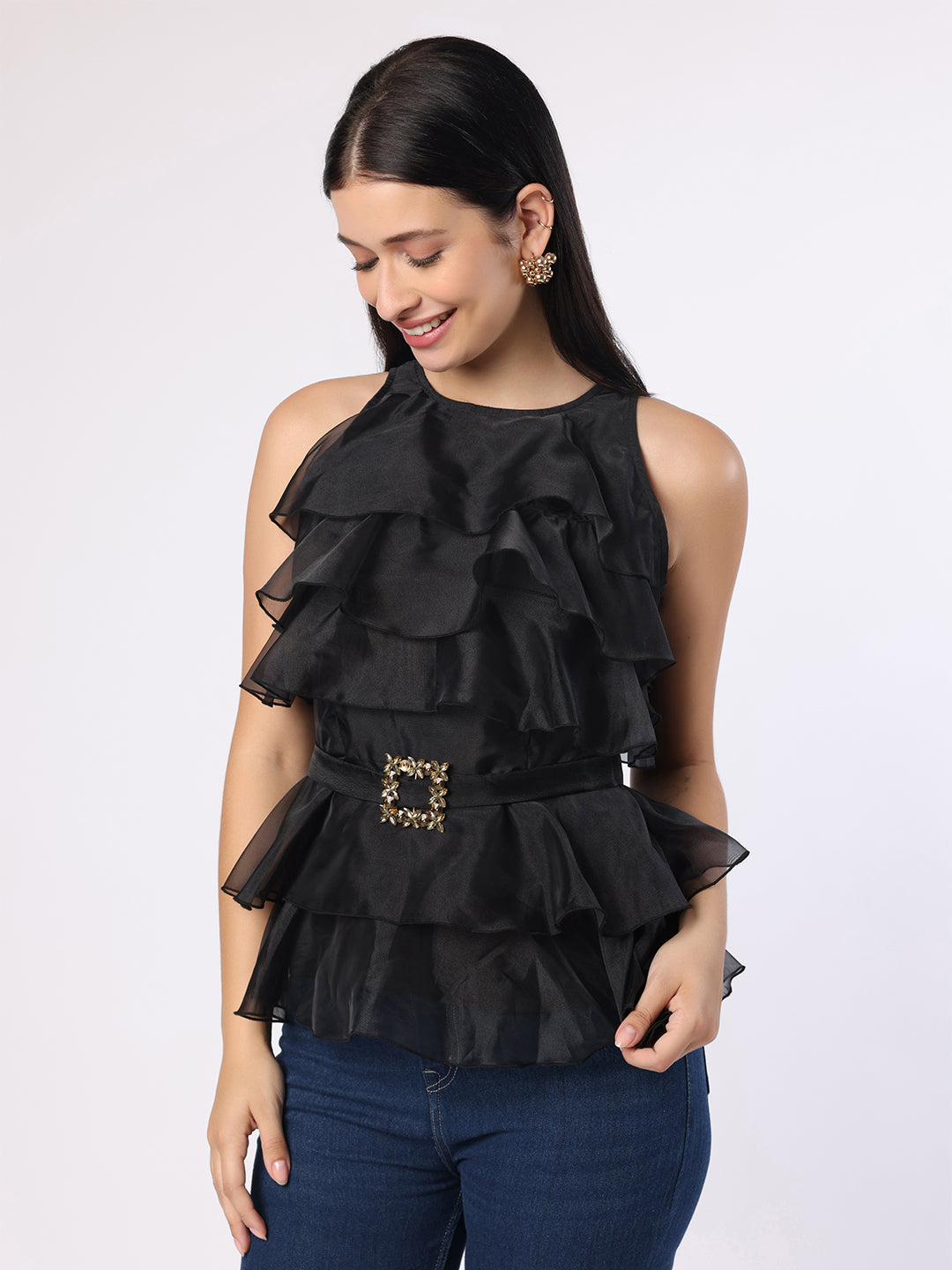 Blanc9 Women Black Frill Top With Mirror Belt
