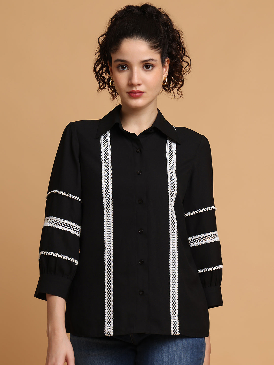 Blanc9 Women Black Shirt With Contrast Lace Detail
