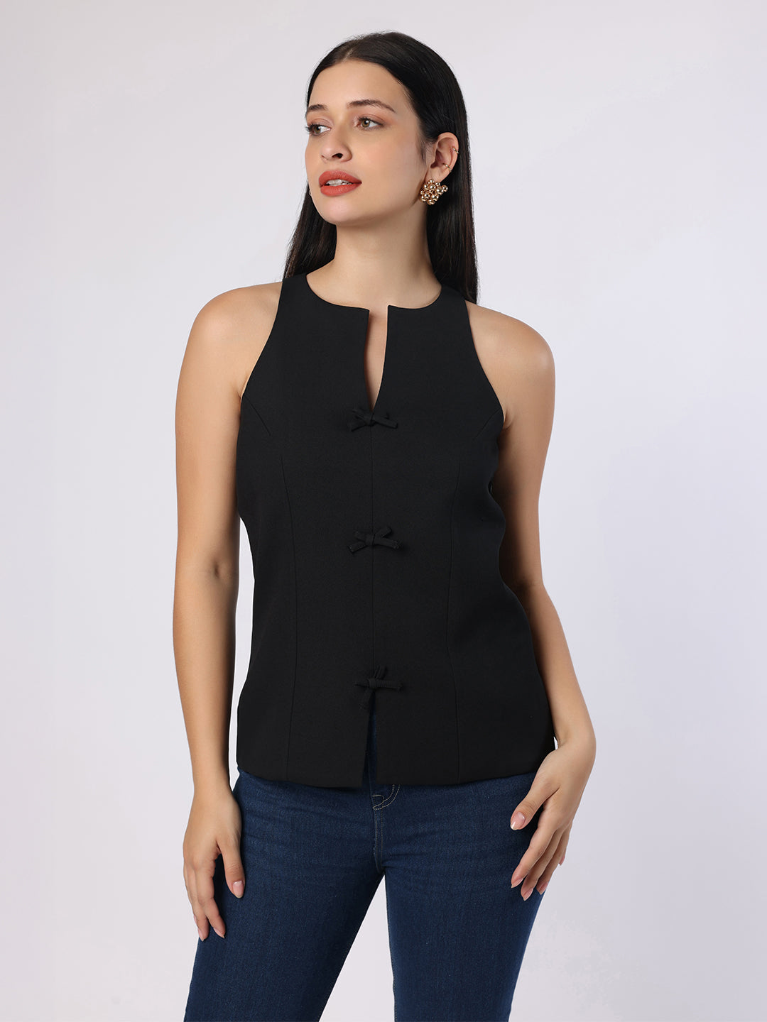 Blanc9 Women Black Top With Front Bow Detail
