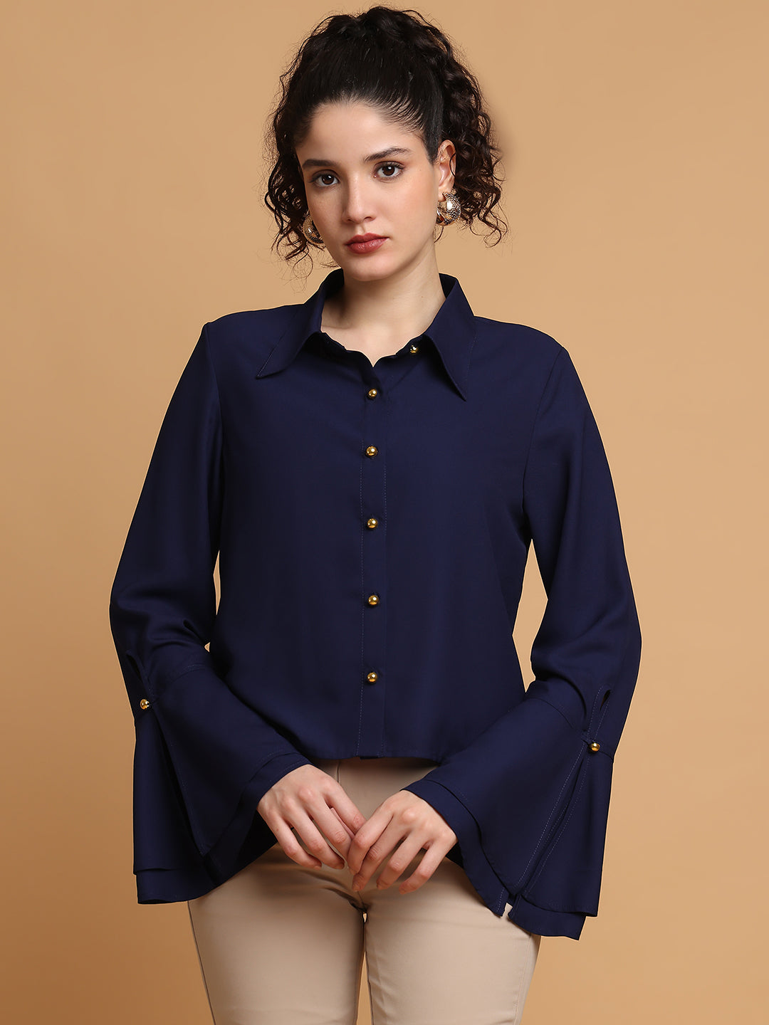 Blanc9 Women Blue Bell Sleeves Shirt

