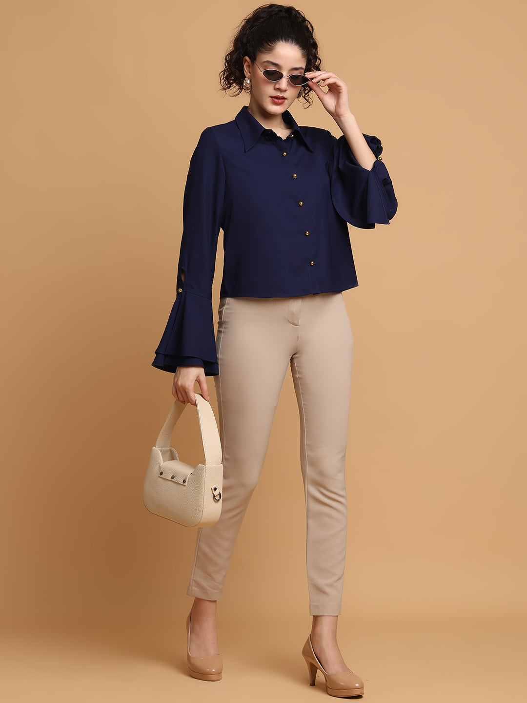 Blanc9 Women Blue Bell Sleeves Shirt
