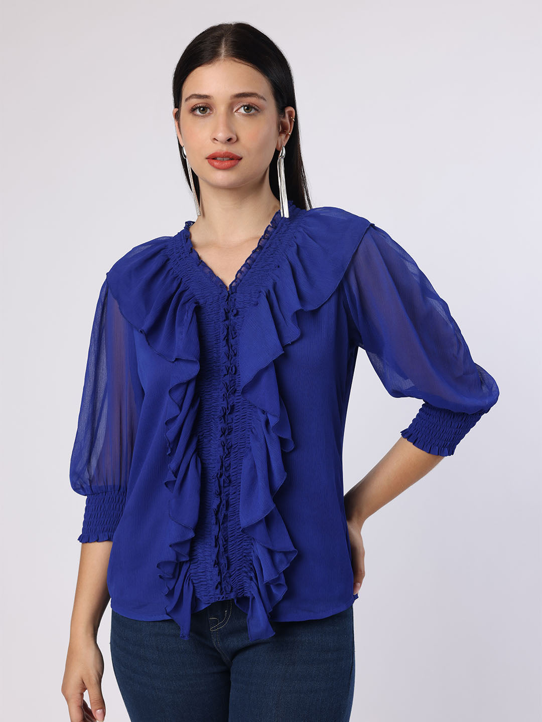 Blanc9 Women Blue Top With Front Frills
