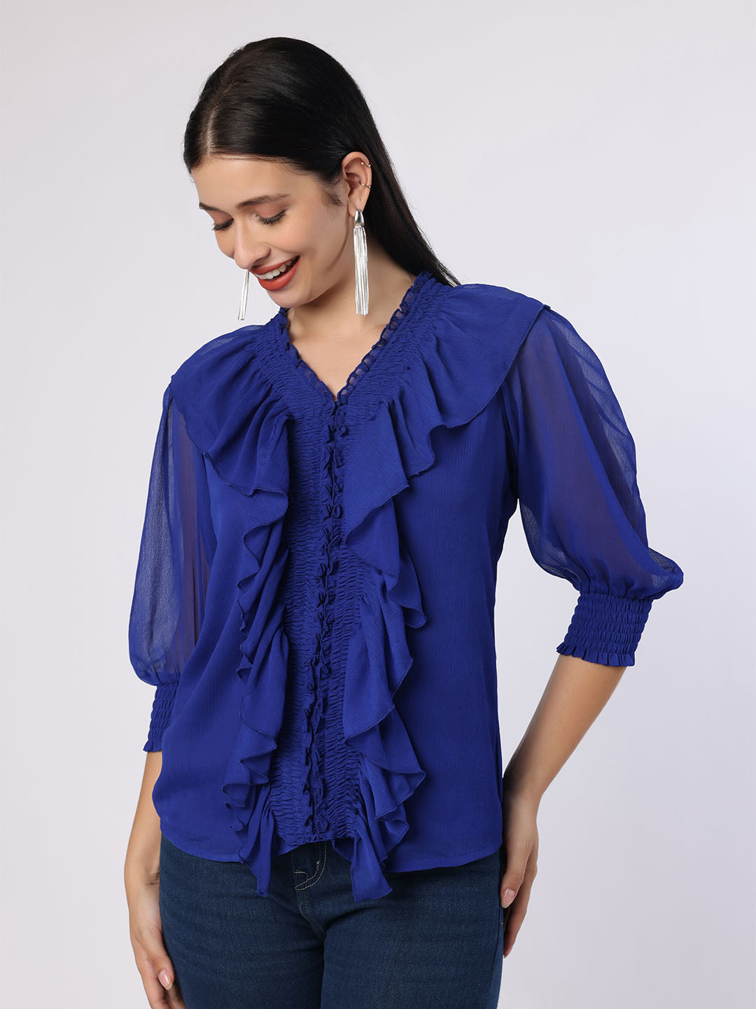 Blanc9 Women Blue Top With Front Frills
