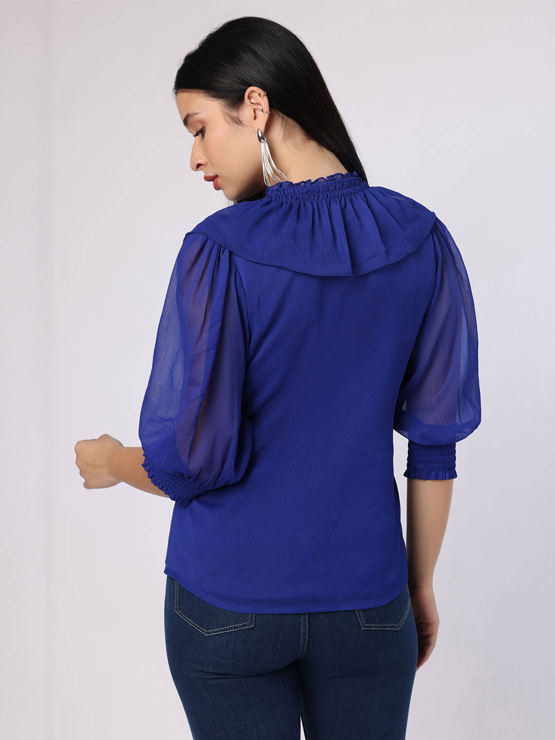 Blanc9 Women Blue Top With Front Frills
