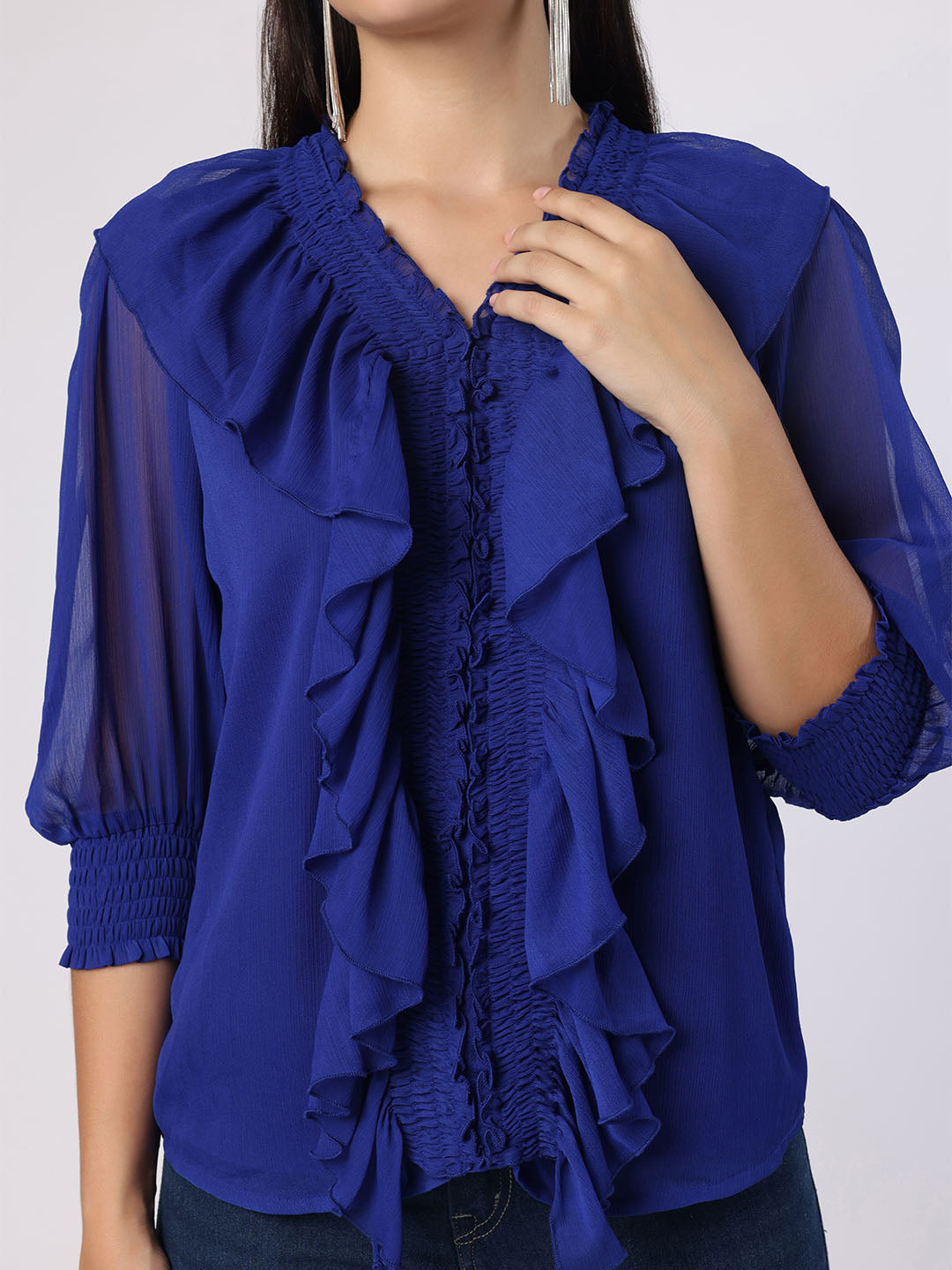 Blanc9 Women Blue Top With Front Frills
