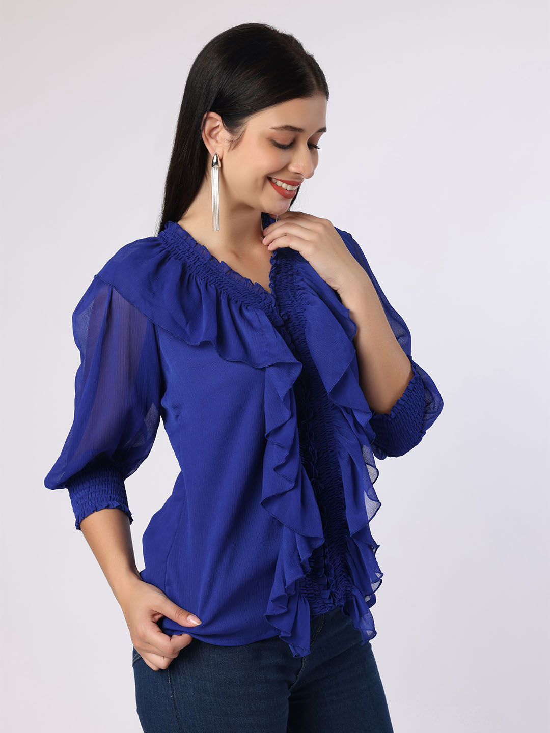 Blanc9 Women Blue Top With Front Frills
