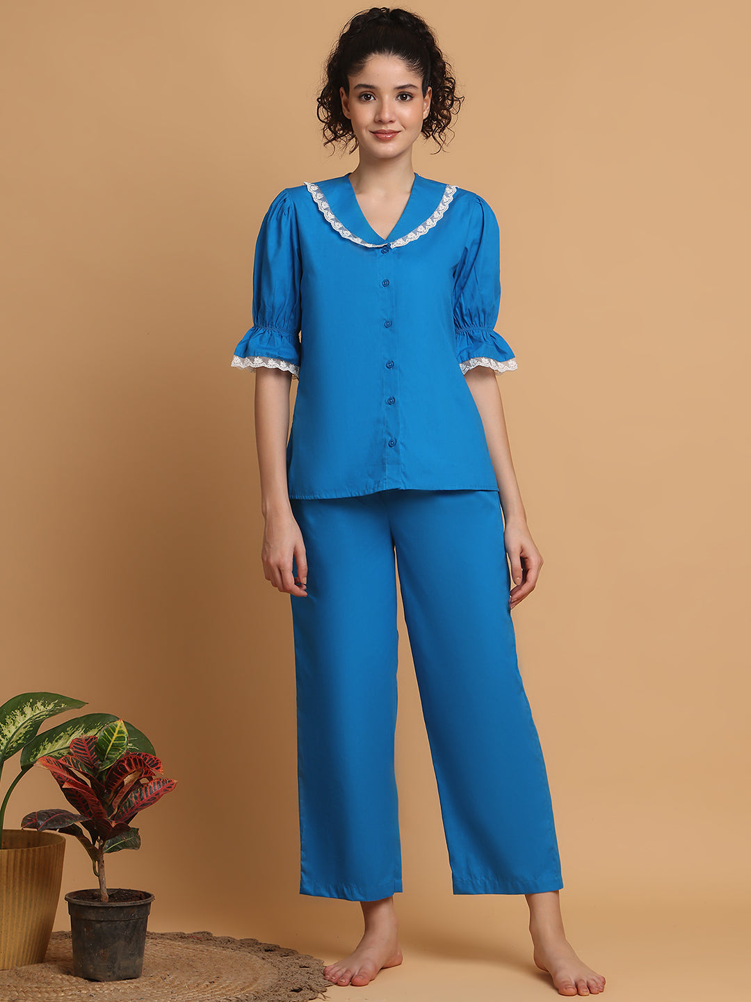 Blanc9 Women Bright Blue Pyjama Set With Lace At Collar
