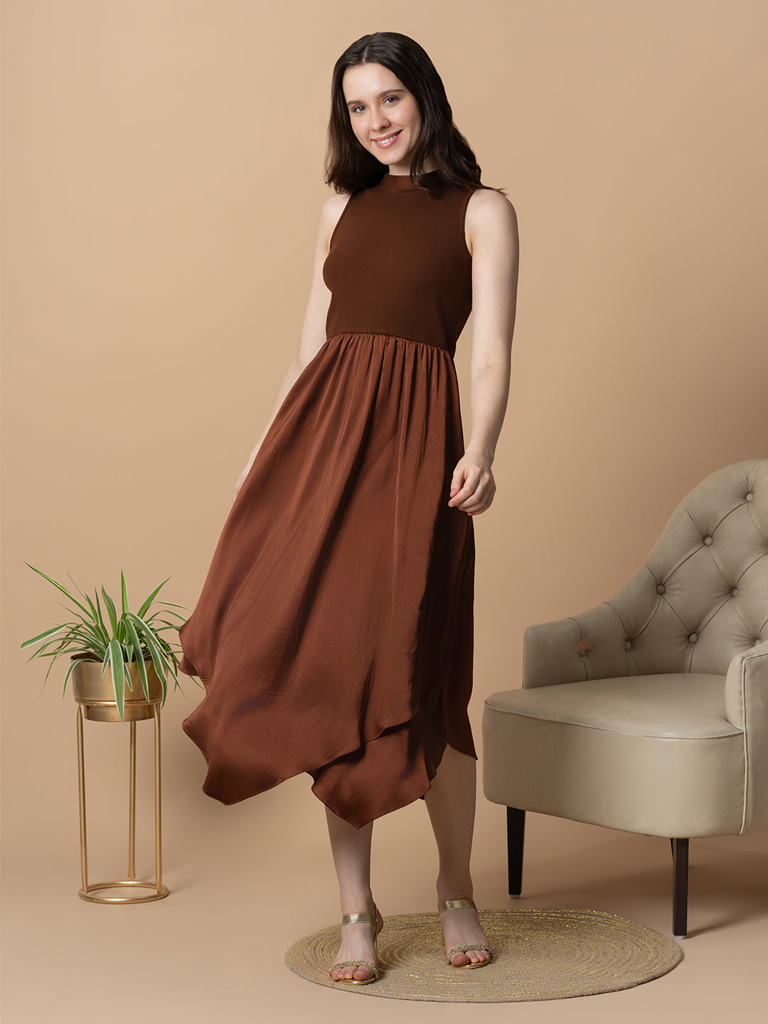 Blanc9 Women Brown Dual Fabric Tulip Dress
