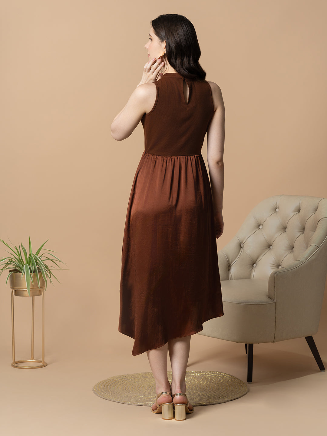 Blanc9 Women Brown Dual Fabric Tulip Dress
