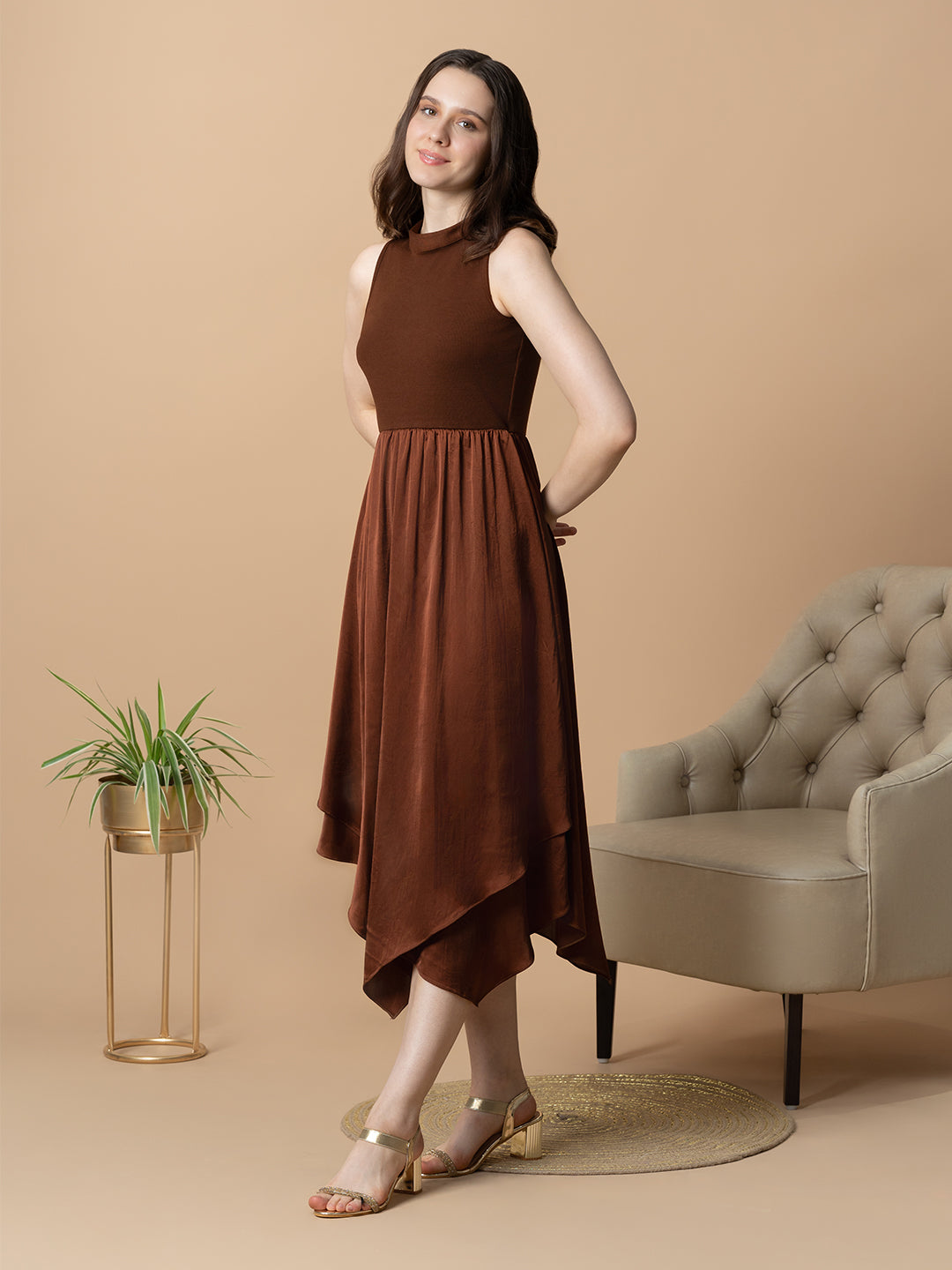 Blanc9 Women Brown Dual Fabric Tulip Dress
