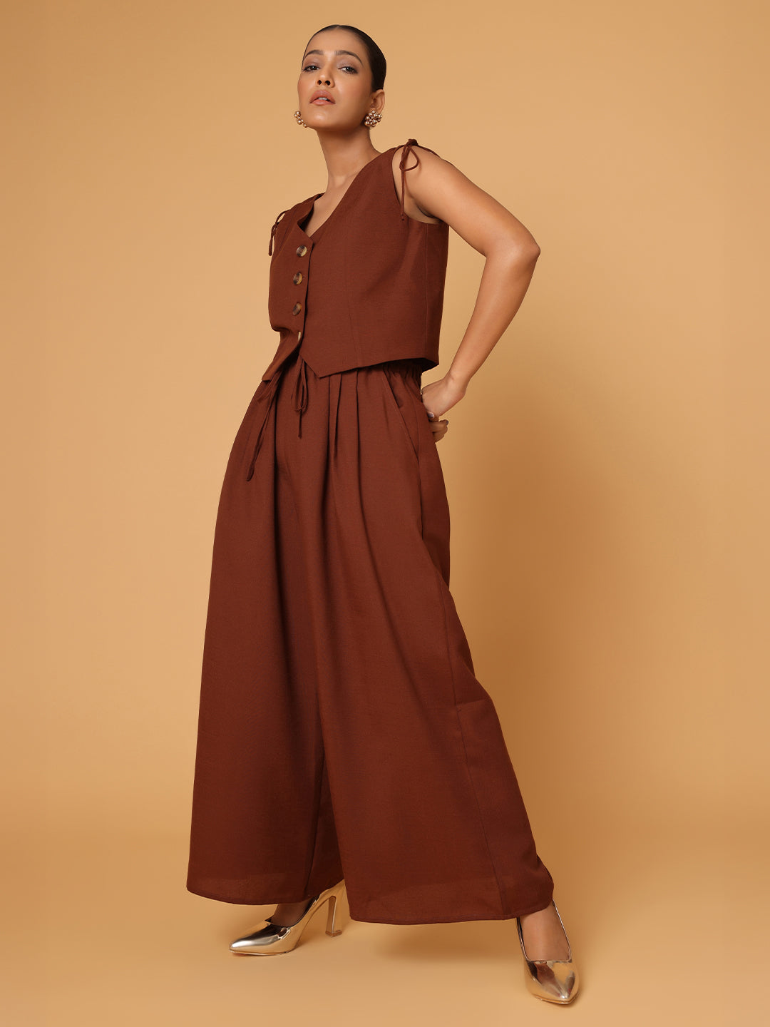 Blanc9 Women Brown Ruched Shoulder Co-ord Set
