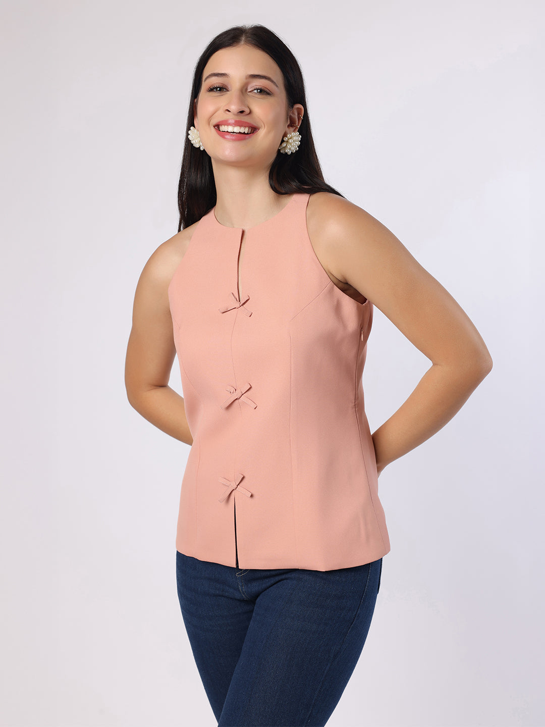 Blanc9 Women Dusty Peach Top With Front Bow Detail
