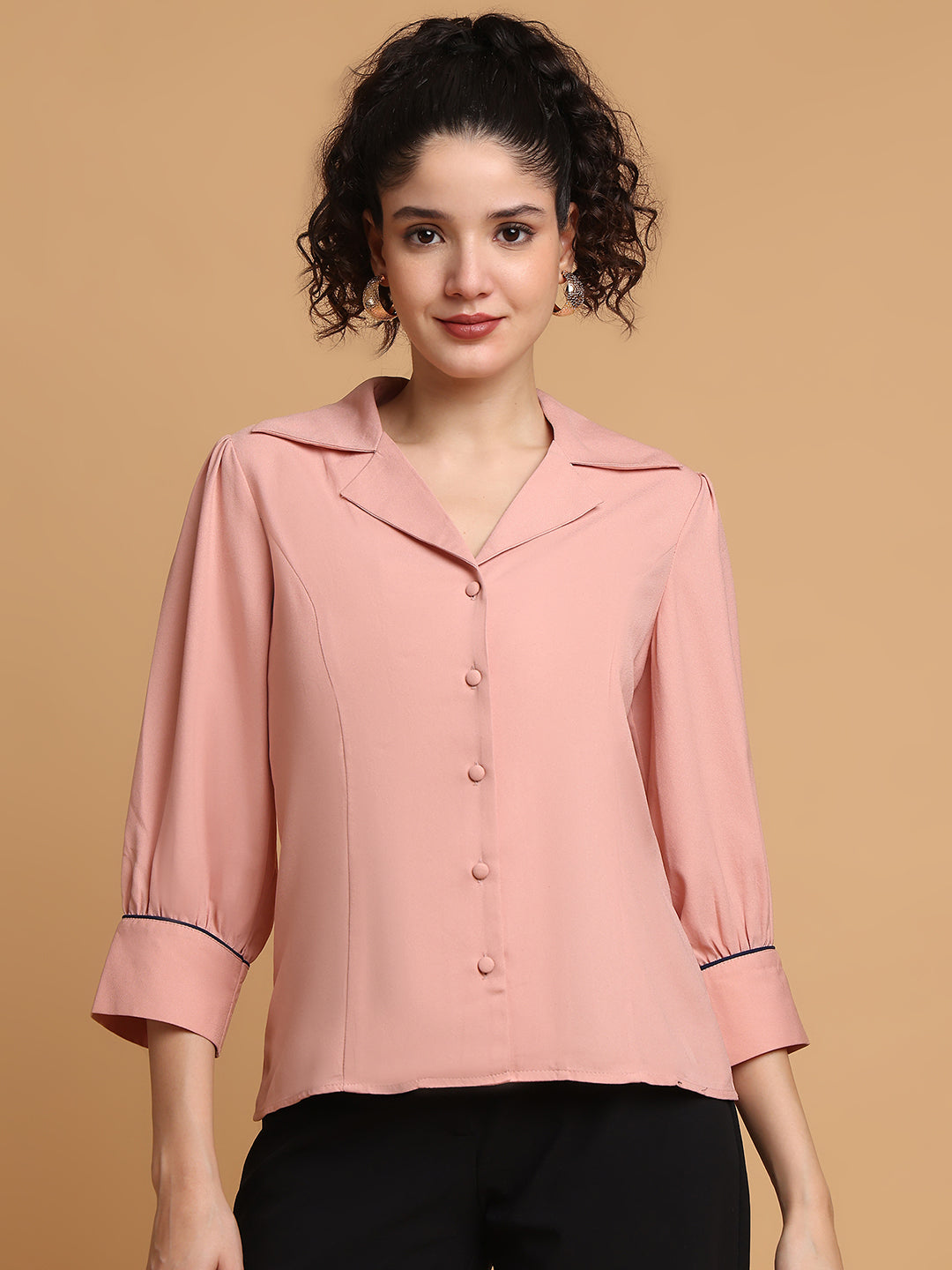Dusty Pink Shirt With Contrast Piping At Sleeves