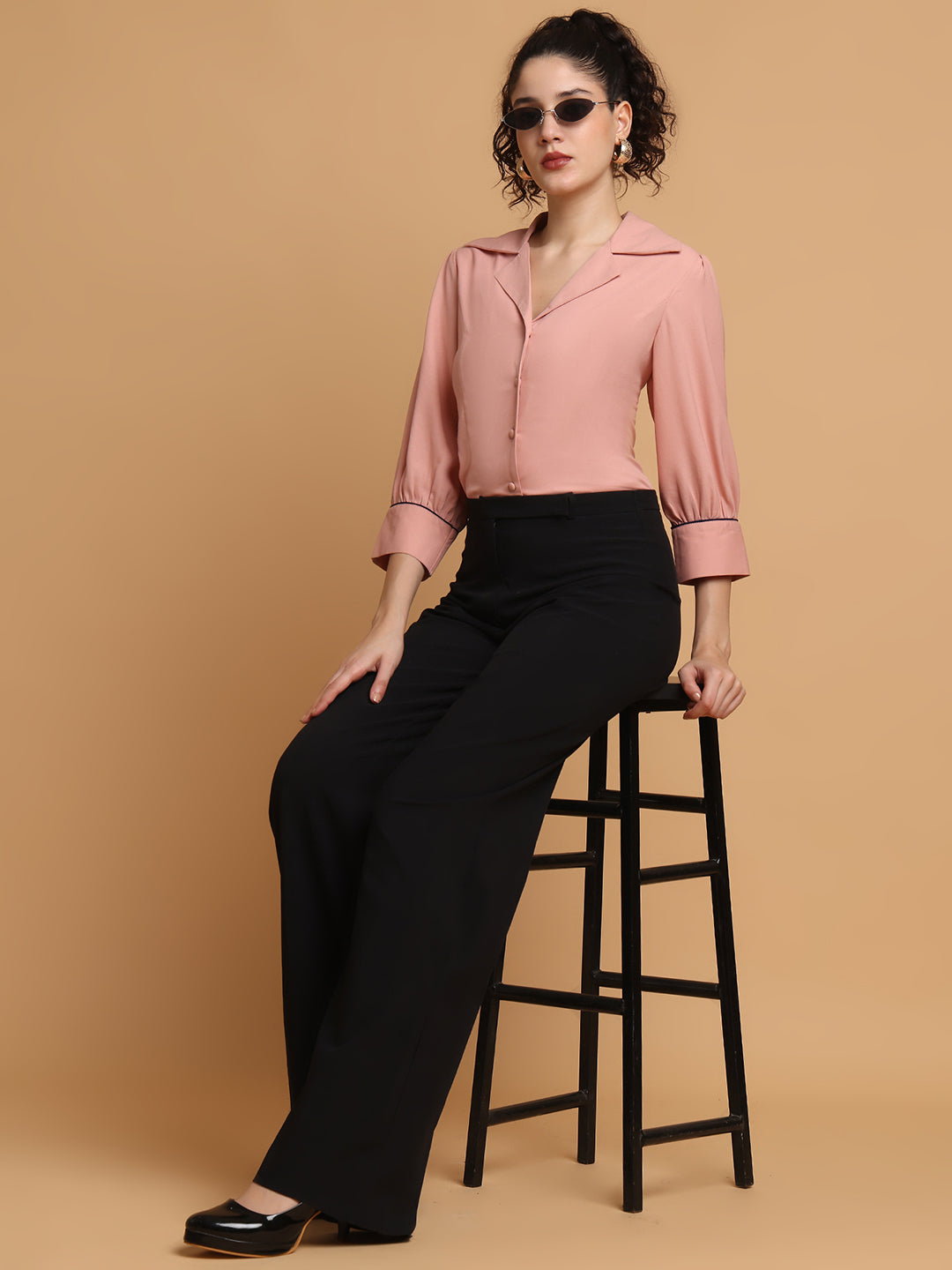 Dusty Pink Shirt With Contrast Piping At Sleeves