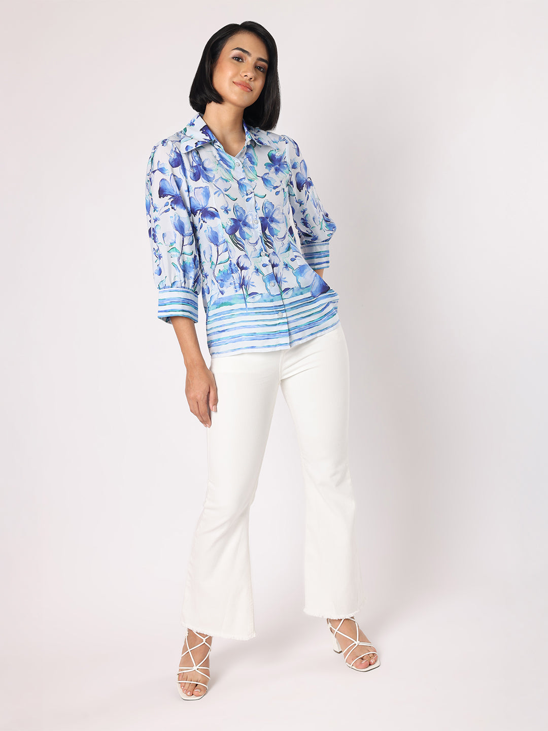 Blanc9 Women  Floral Shirt With Striper Border