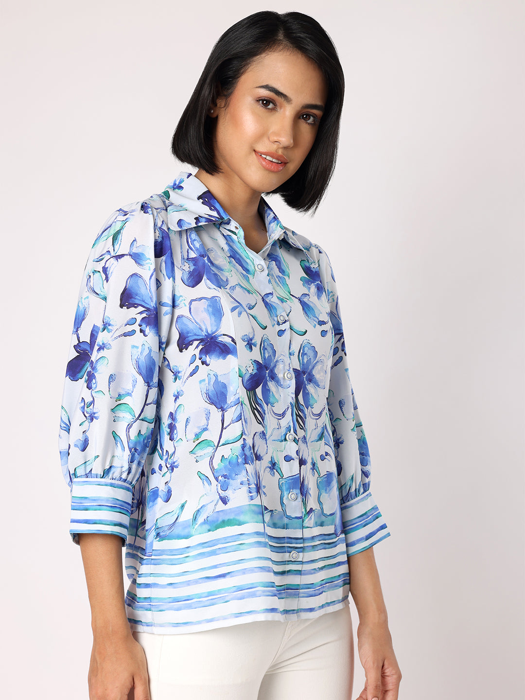 Blanc9 Women  Floral Shirt With Striper Border