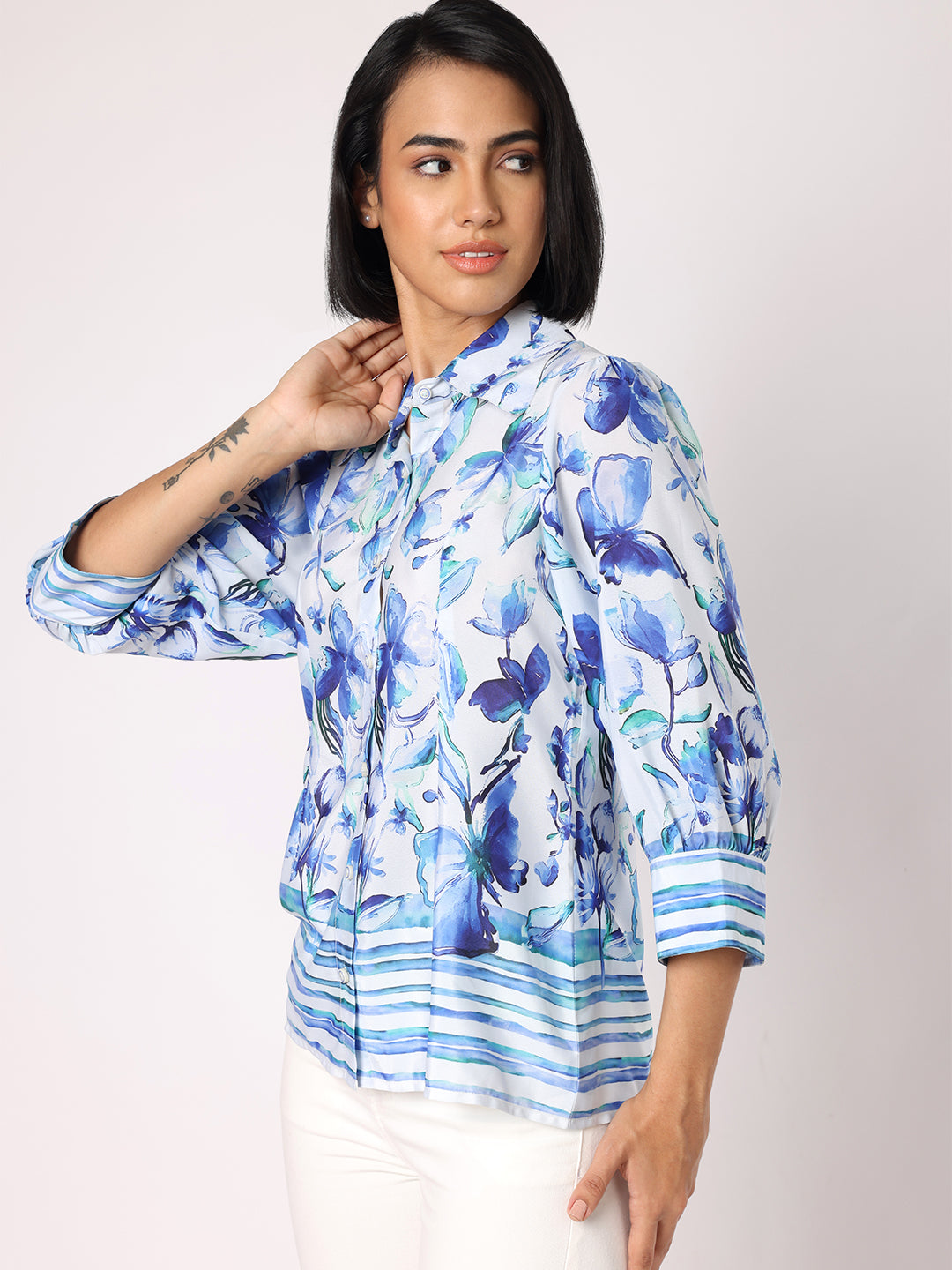 Blanc9 Women  Floral Shirt With Striper Border