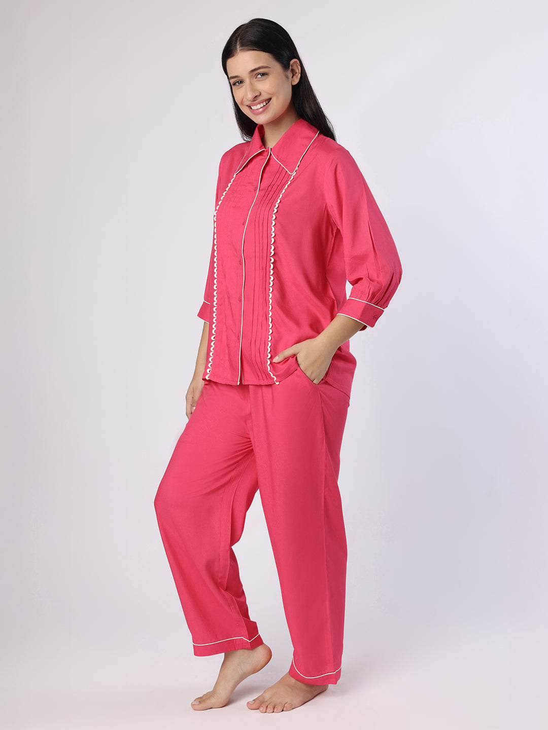 Blanc9 Women Fuchsia Pink Nightwear With Contrast Piping And Lace
