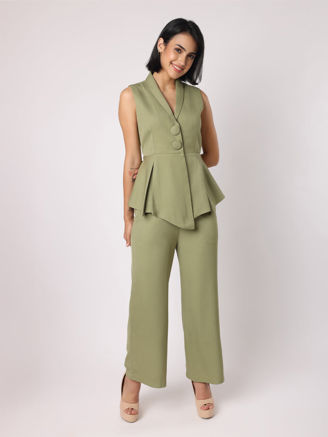 Blanc9 Women Green Blazer Top With Asymmetric Hem Co-Ordinated With Trousers
